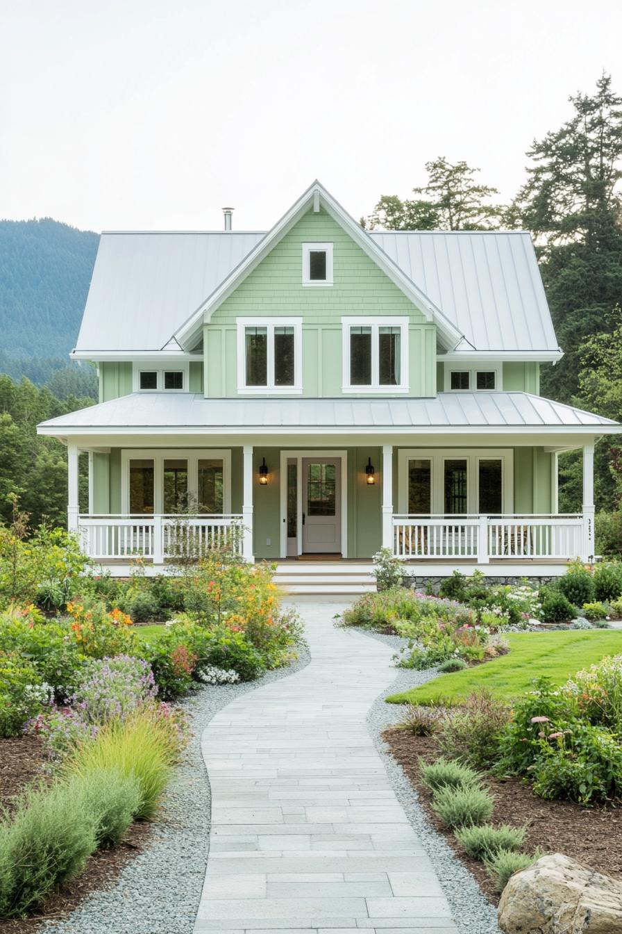 Green farmhouse with a wrap-around porch and blooming garden