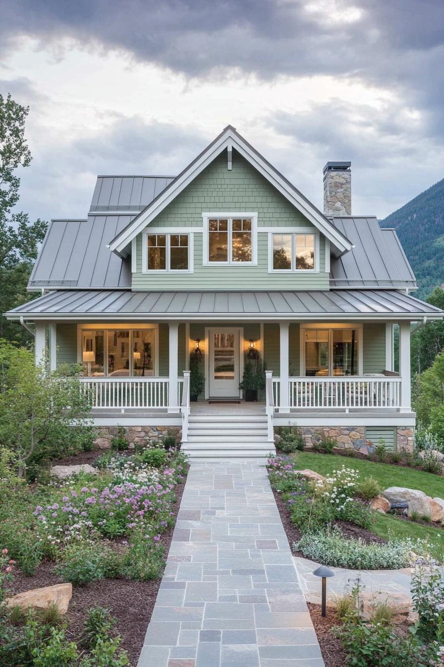 Green farmhouse with porch and mountain backdrop