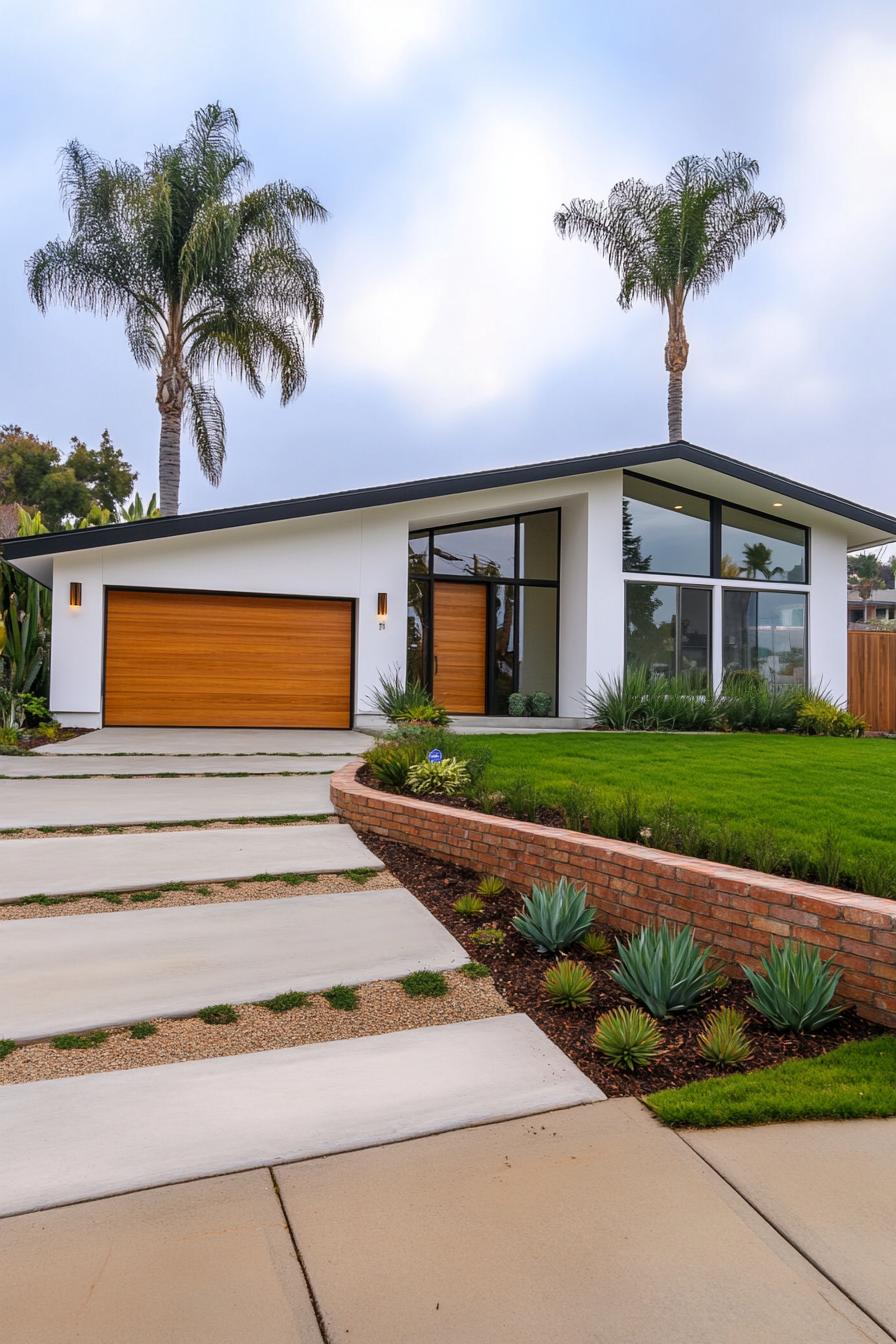 Sleek house with large glass windows and wooden accents surrounded by palm trees