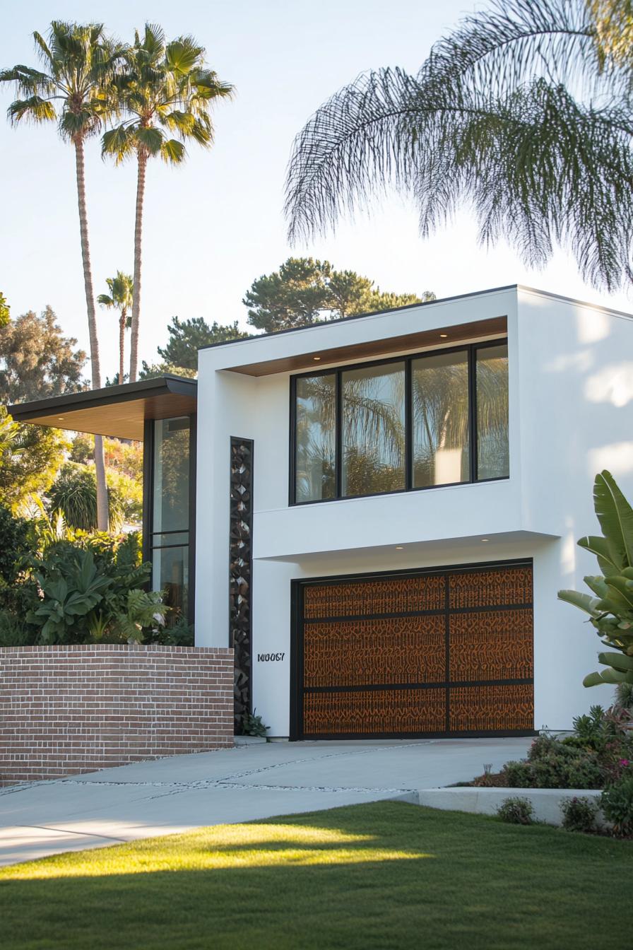 Contemporary white house with large windows and a detailed wooden garage door