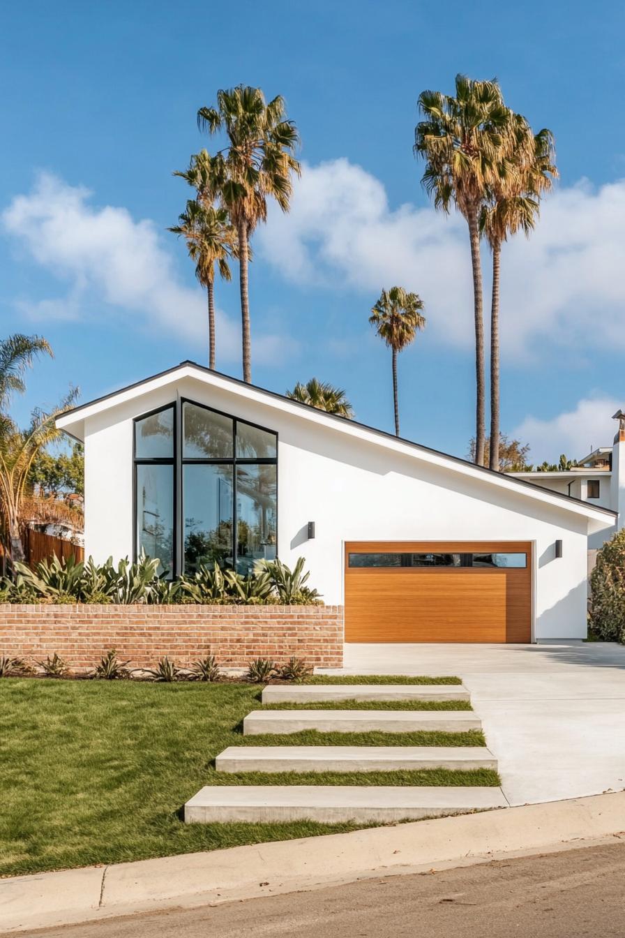 Mid-century modern house with slanted roof and palm trees