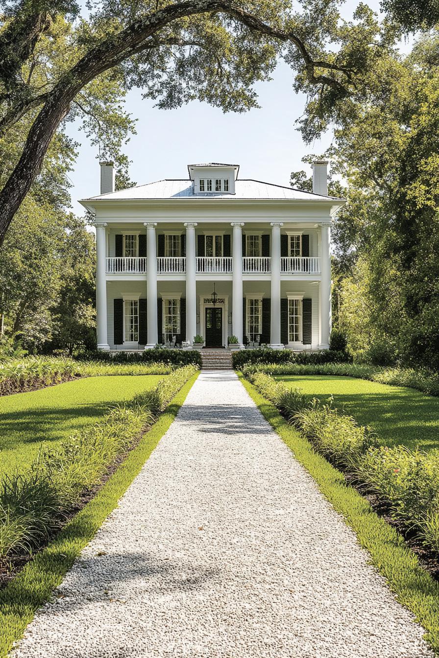 Colonial mansion with grand columns amidst lush greenery