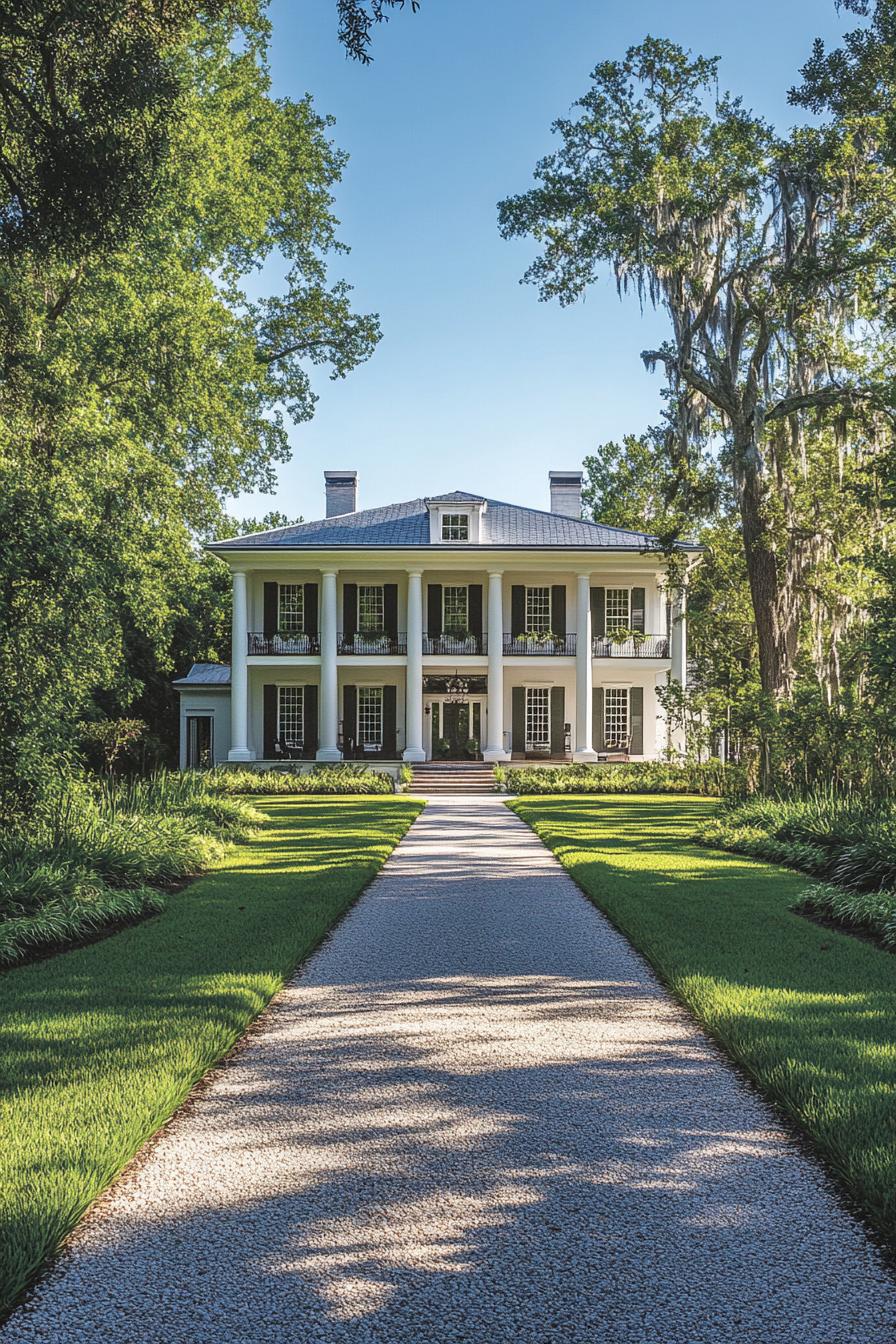 Grand mansion framed by lush greenery and a long driveway