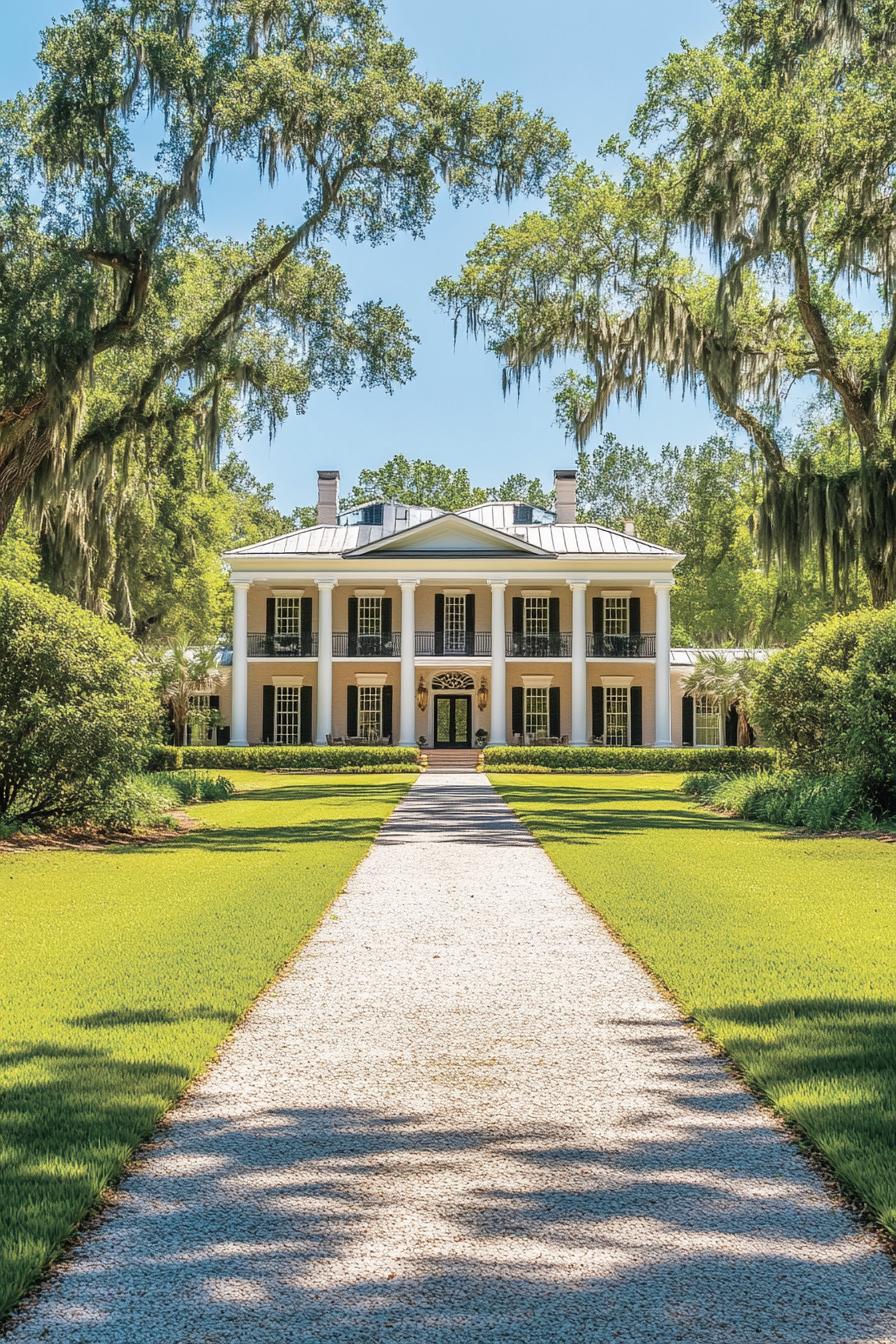 Colonial mansion framed by towering oak trees