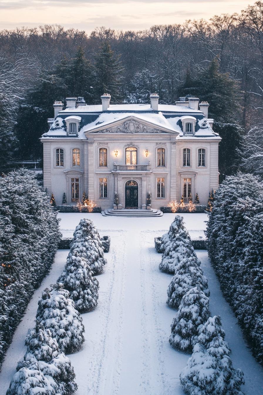 Snow-covered mansion with a grand entrance