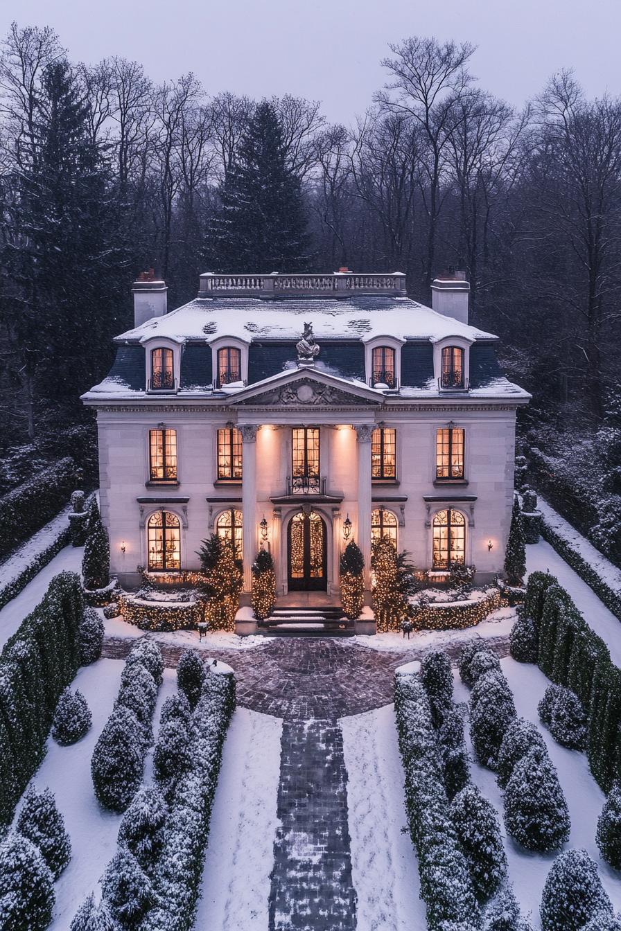 Snowy mansion illuminated with festive lights