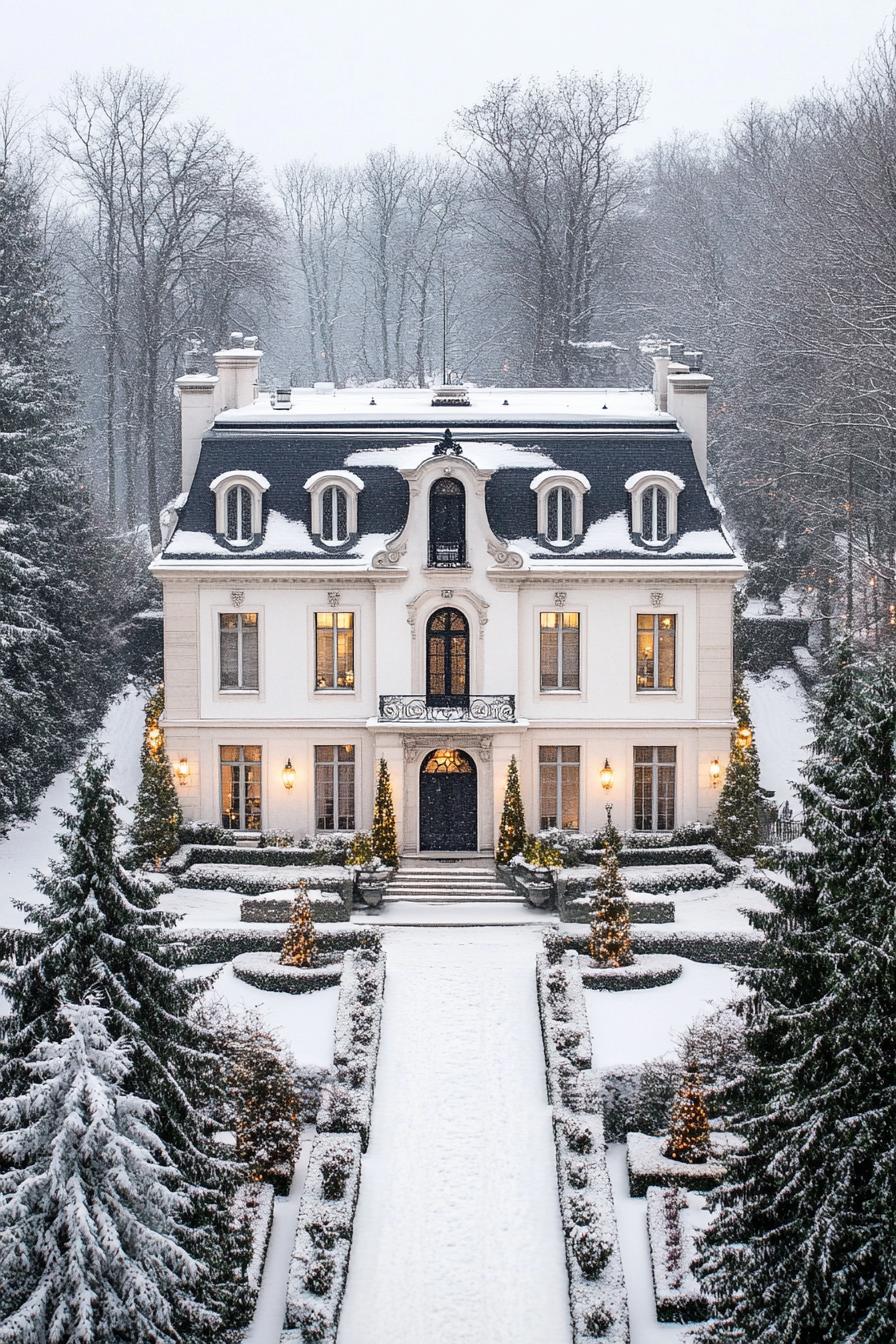 Elegant snow-covered mansion with French architectural style