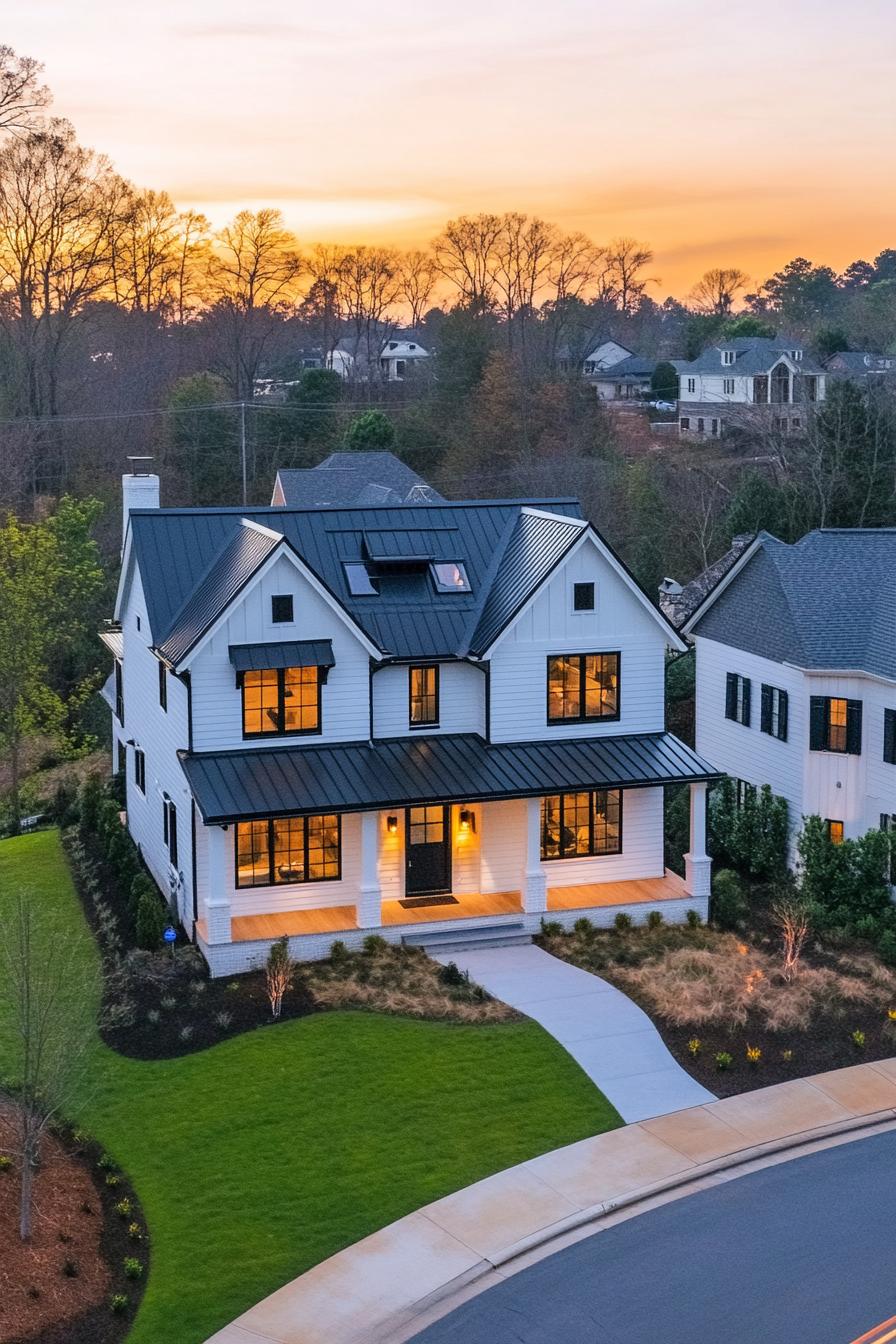 Charming two-story house with warm lights glowing