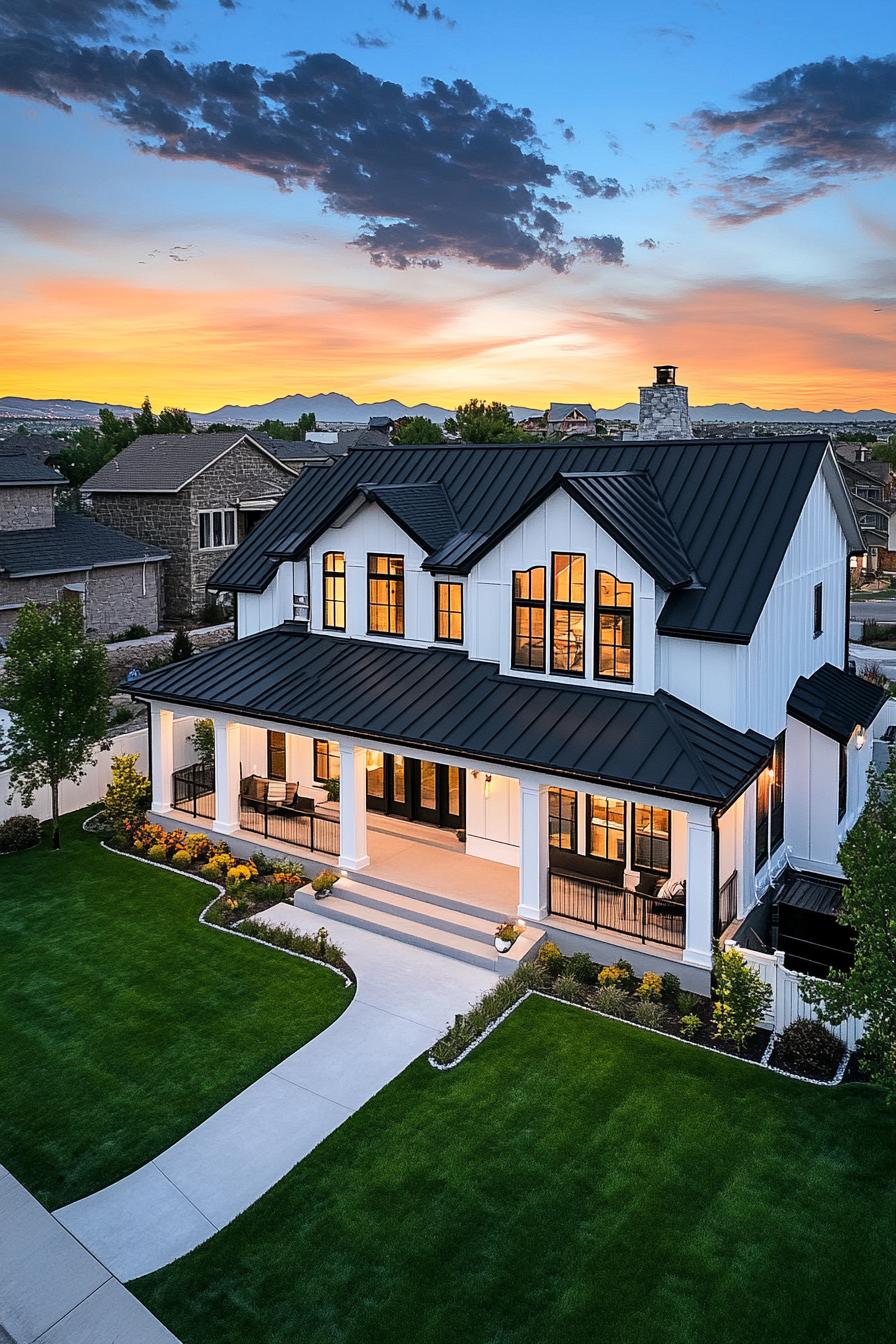 A beautiful house with a modern porch and lush garden at sunset