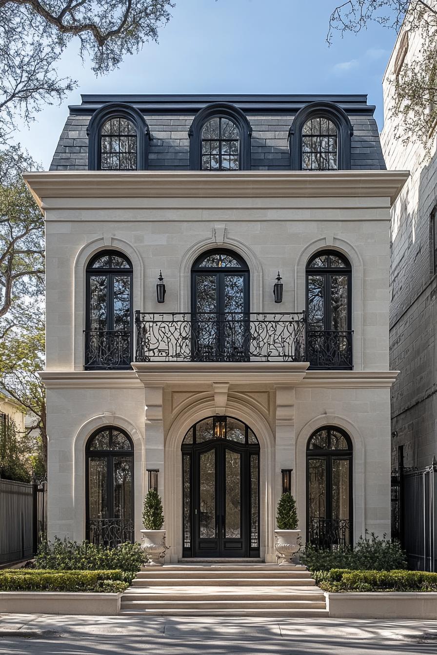 Classical stone mansion with arched windows and a symmetrical facade