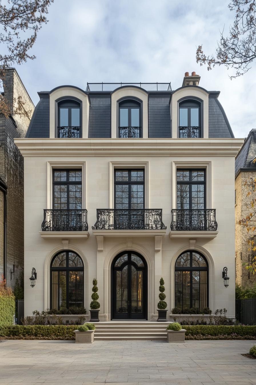 Elegant mansion with arched windows and wrought iron balconies