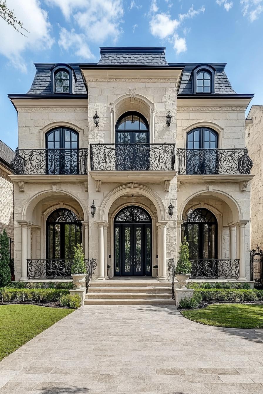 Elegant three-story mansion with ornate iron balconies