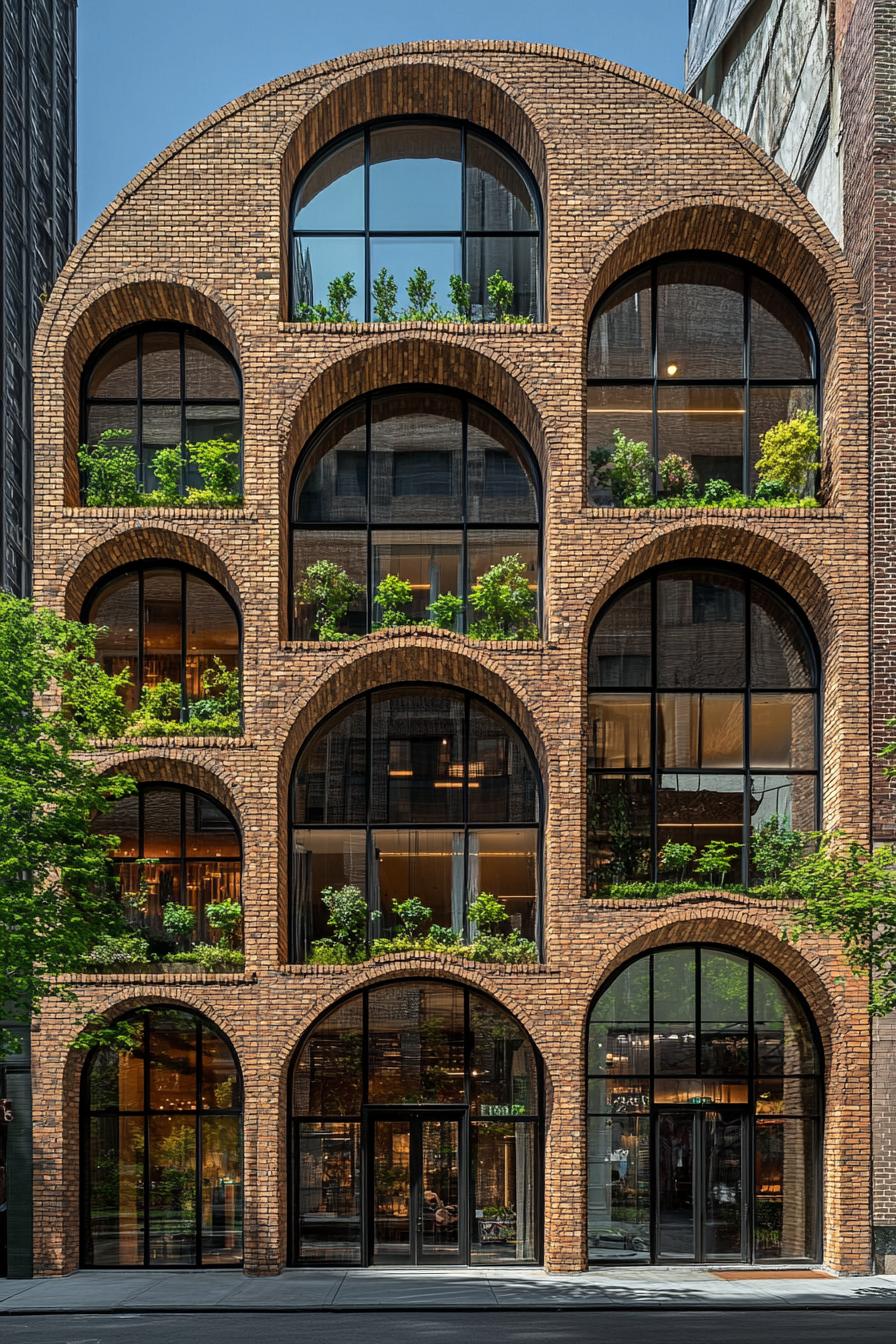 Modern building with brick arches and greenery