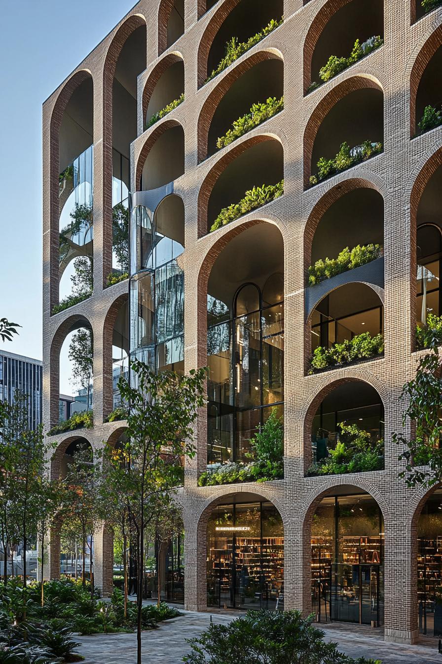 Modern building with arched façade and lush plants