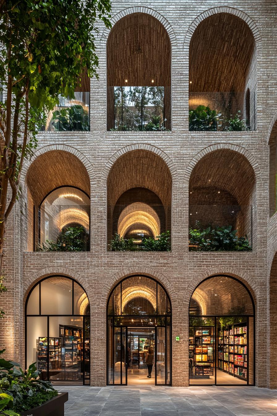 Arched architecture with brick and glass features