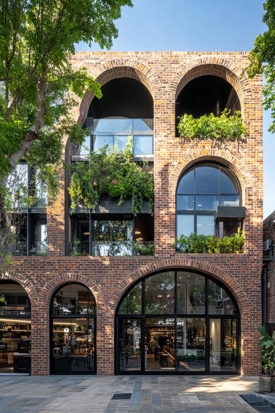 Brick façade with lush greenery and glass