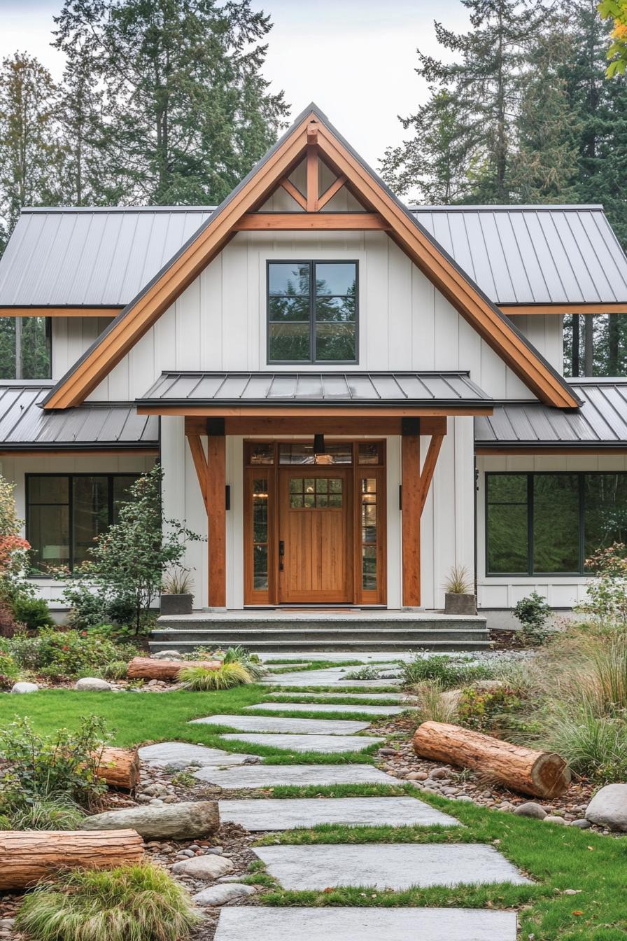 A-frame house with wooden accents in a forest setting