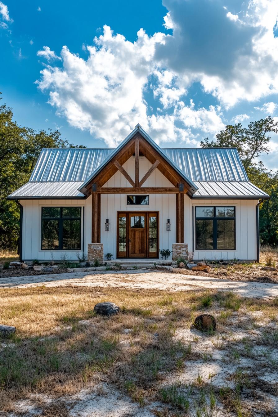 Charming white and wood barndominium with a pitched metal roof