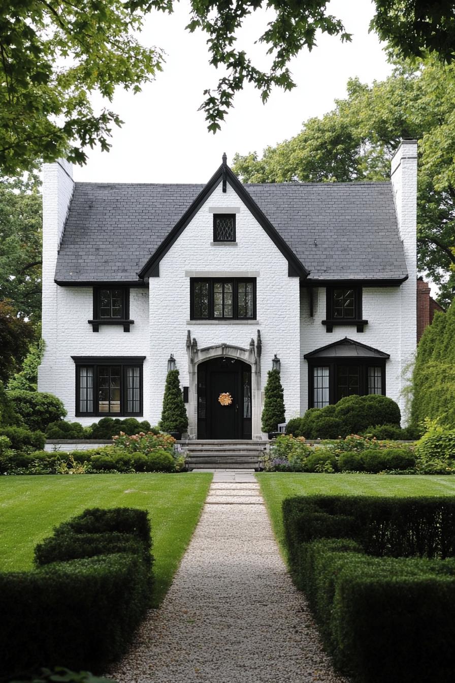 White Tudor house with black accents and lush garden