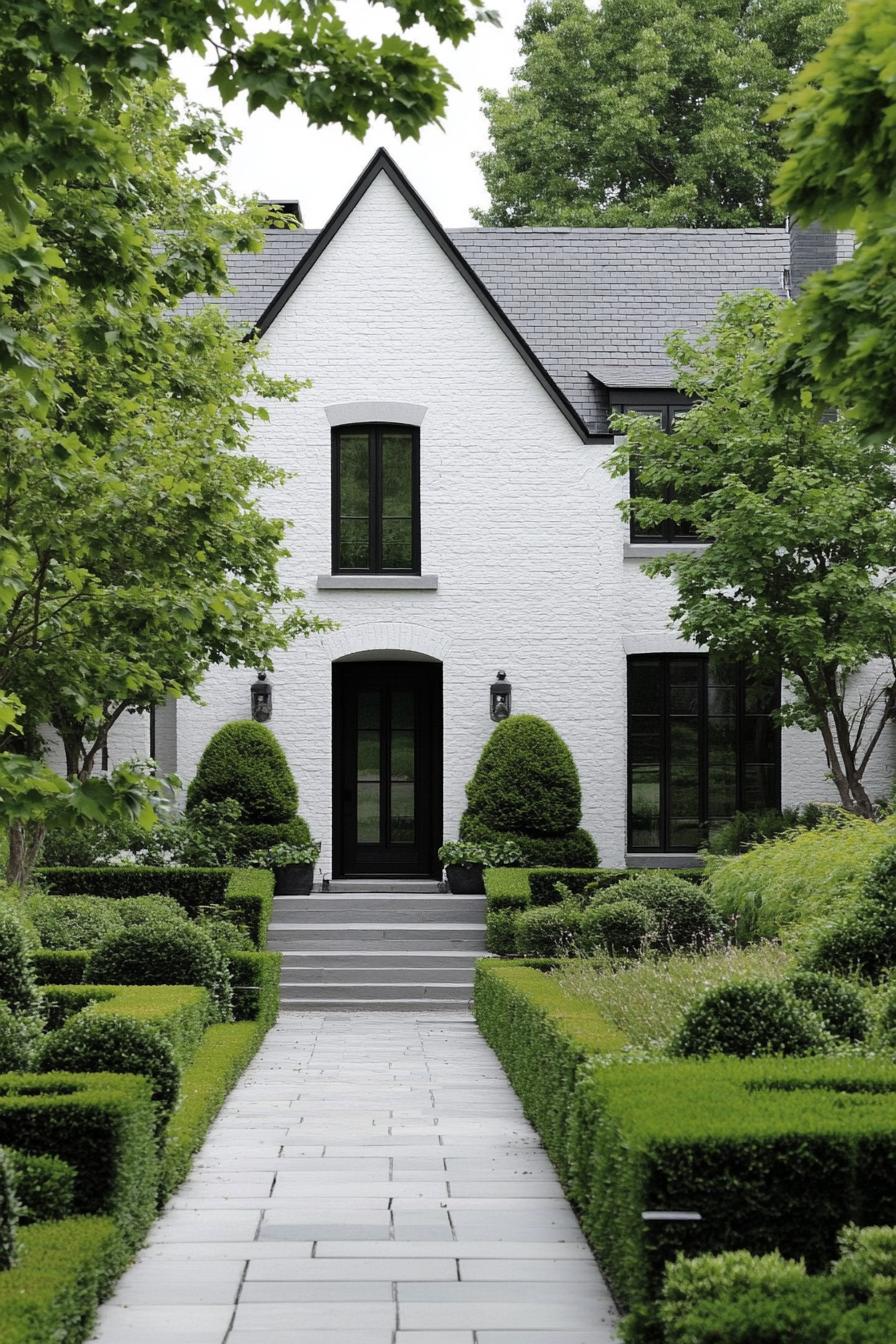 Brick Tudor house with manicured hedges