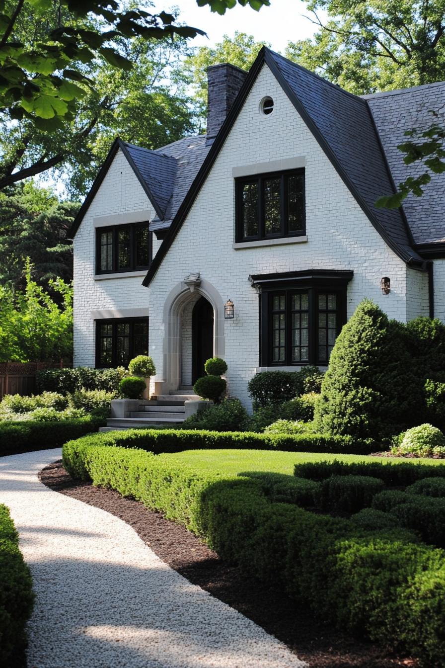 Classic Tudor house with lush landscaping