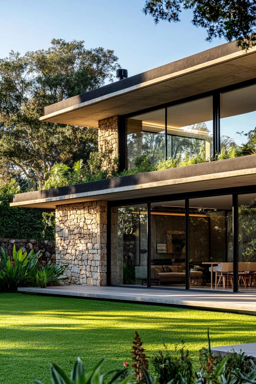 Modern flat roof house with stone walls and large windows, surrounded by lush greenery