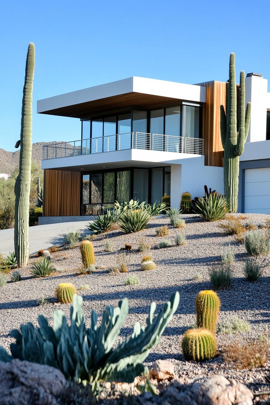 Modern house on a desert hillside with cacti