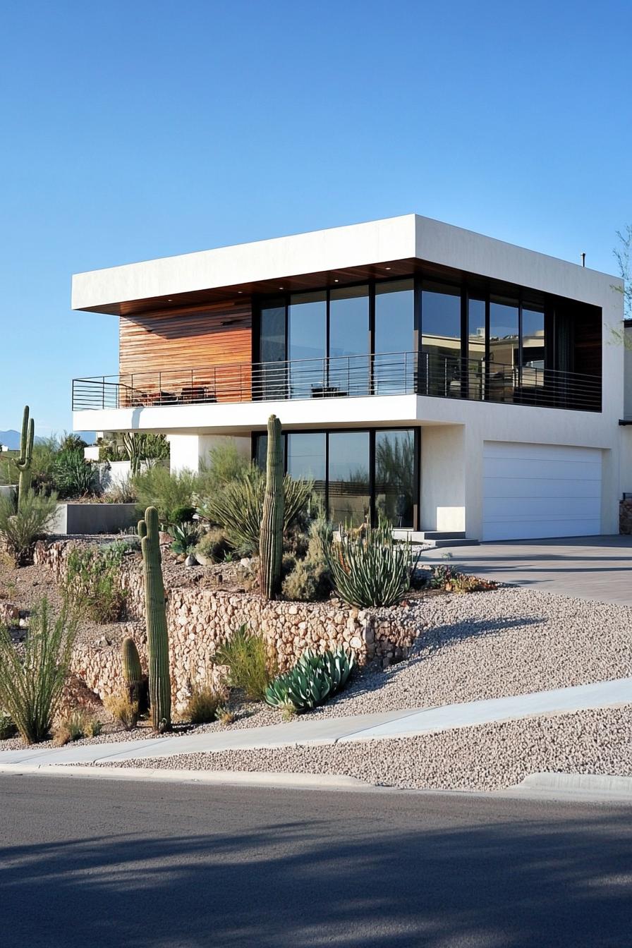 Modern house in desert landscape with cacti in front