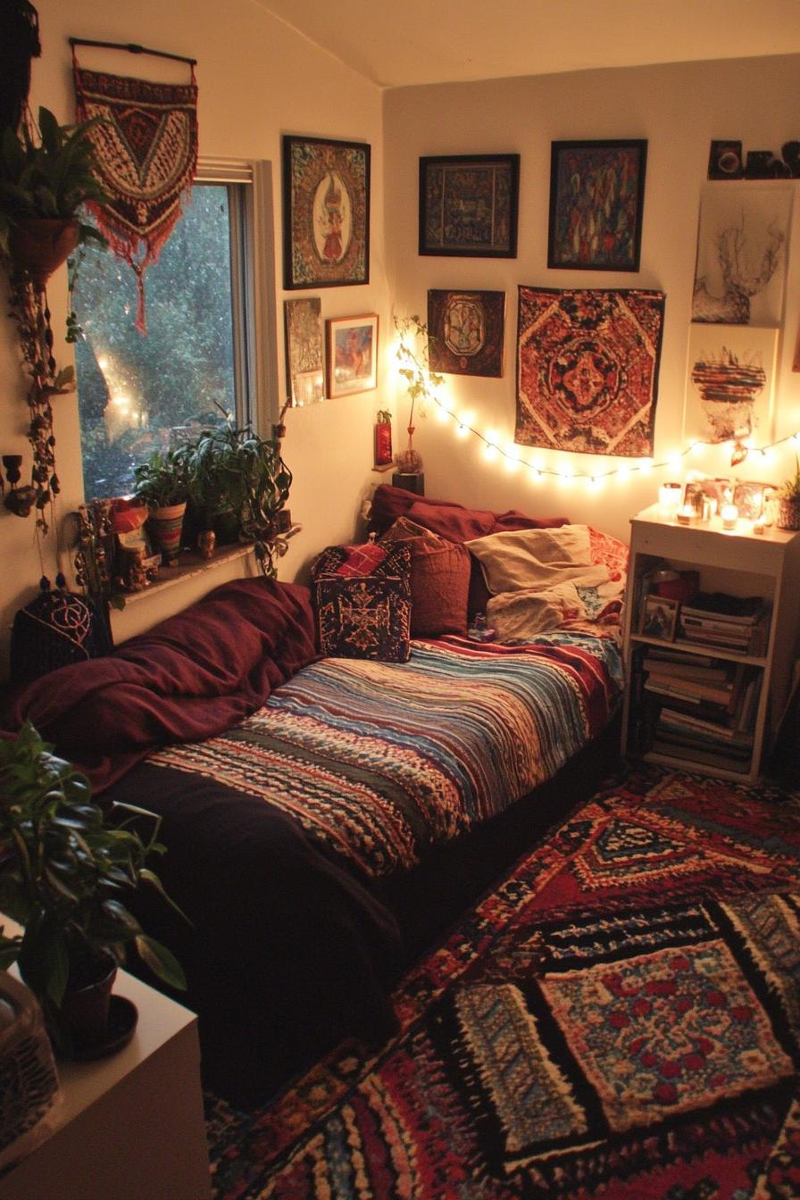 Cozy, plant-filled bedroom with vibrant textiles