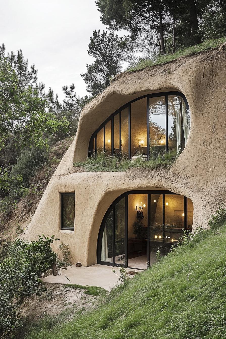 House with arched windows nestled into a hillside