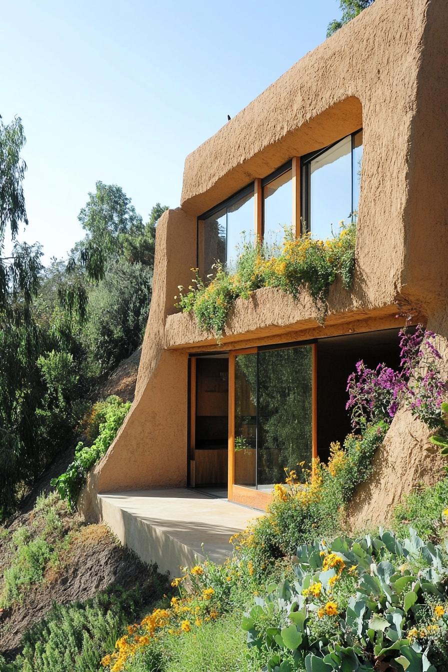 Earth-toned house with large windows and lush greenery on a steep hillside