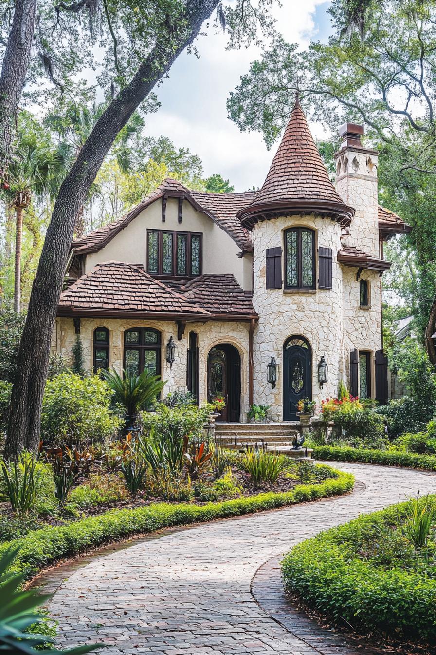 Charming stone house with a whimsical turret and garden pathway