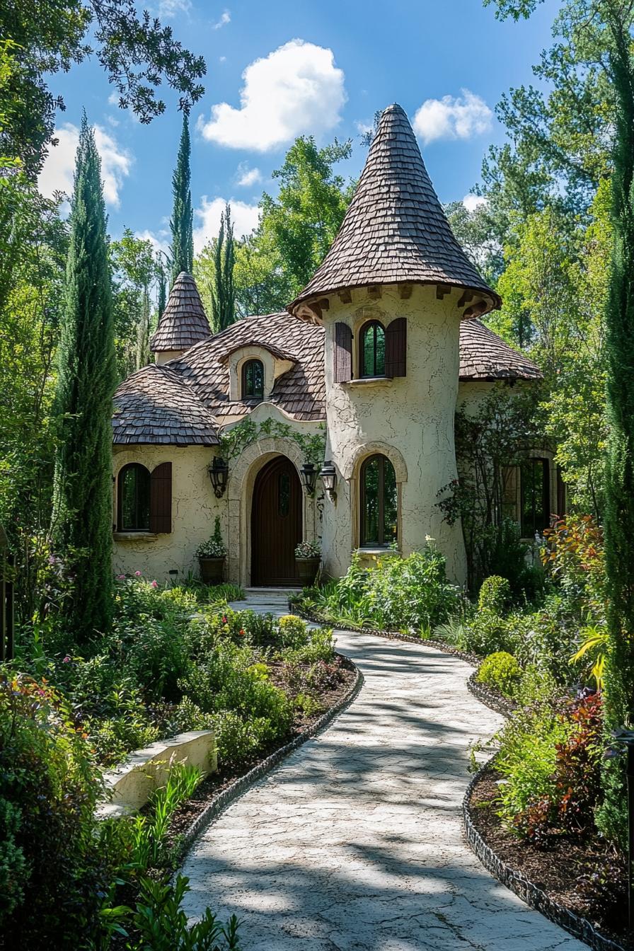 Charming storybook house with curved roof and stone path