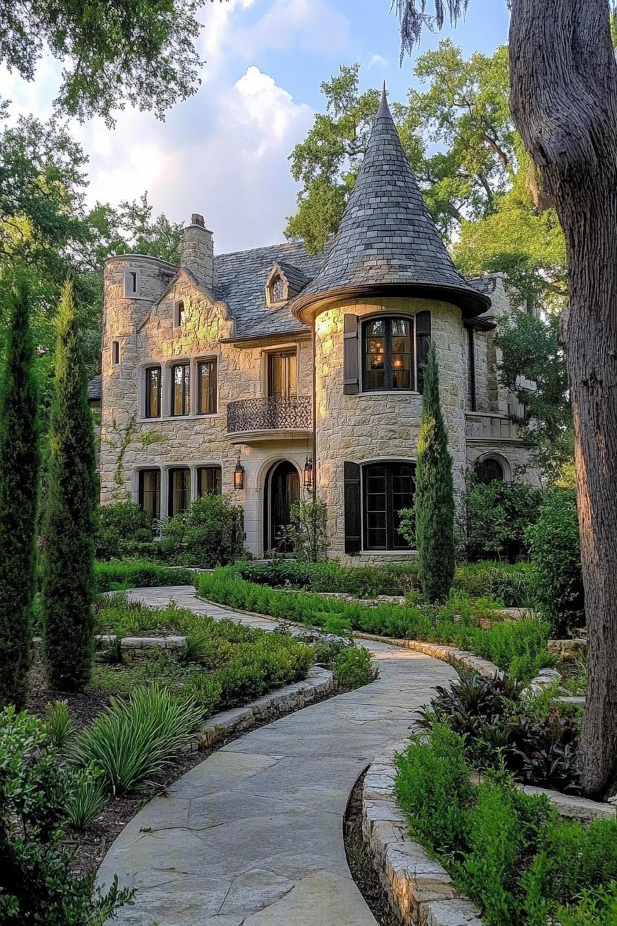 Stone house with tower and lush garden