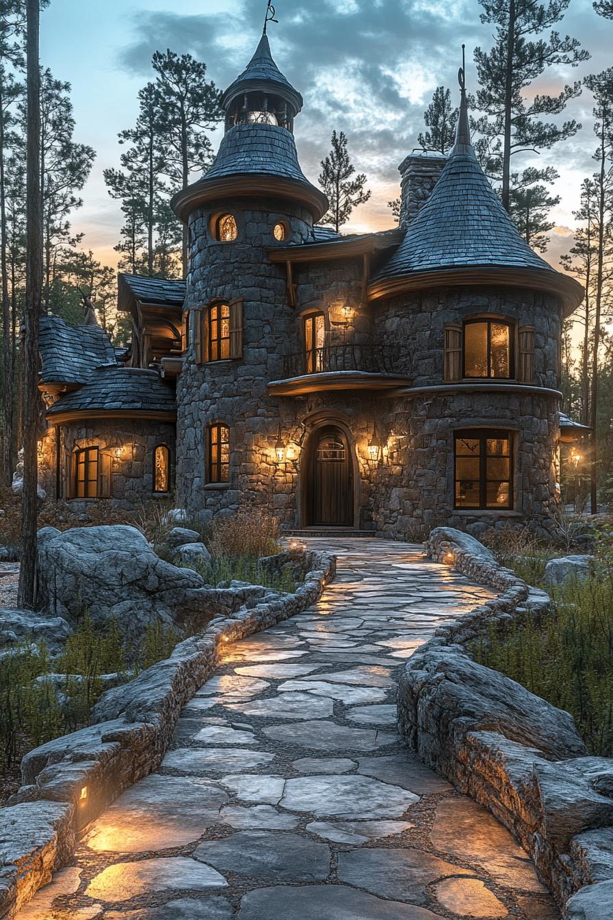 A stone house with turrets in a wooded setting