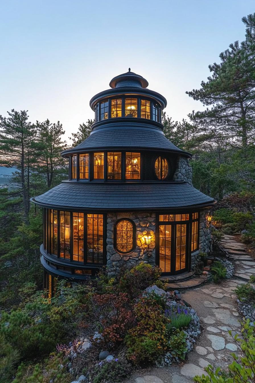 Fairytale-style stone tower dwelling nestled in the woods