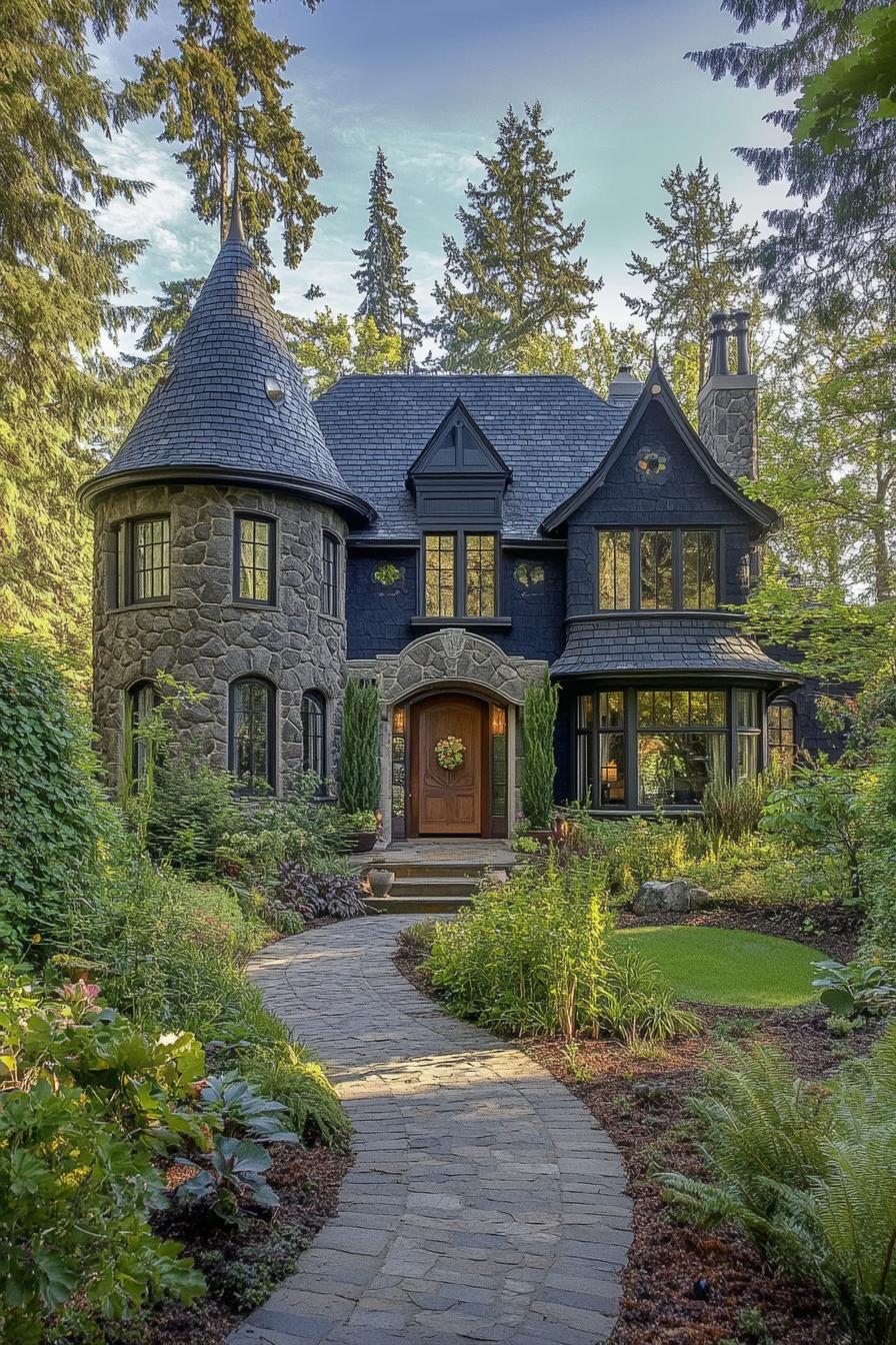 Charming stone house surrounded by lush greenery and whimsical turrets