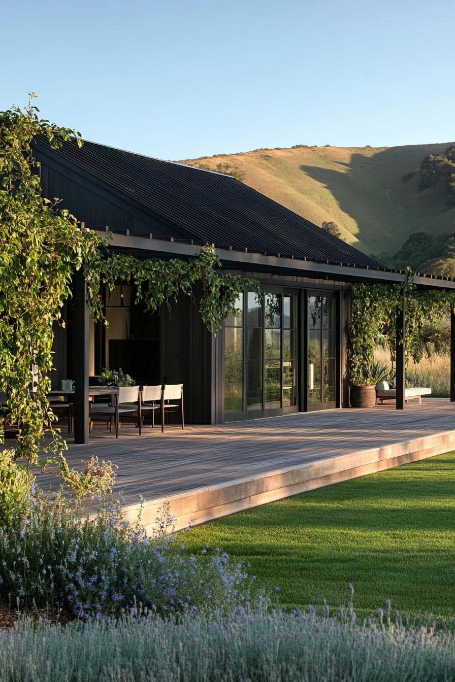 Long house with green vines and glass doors