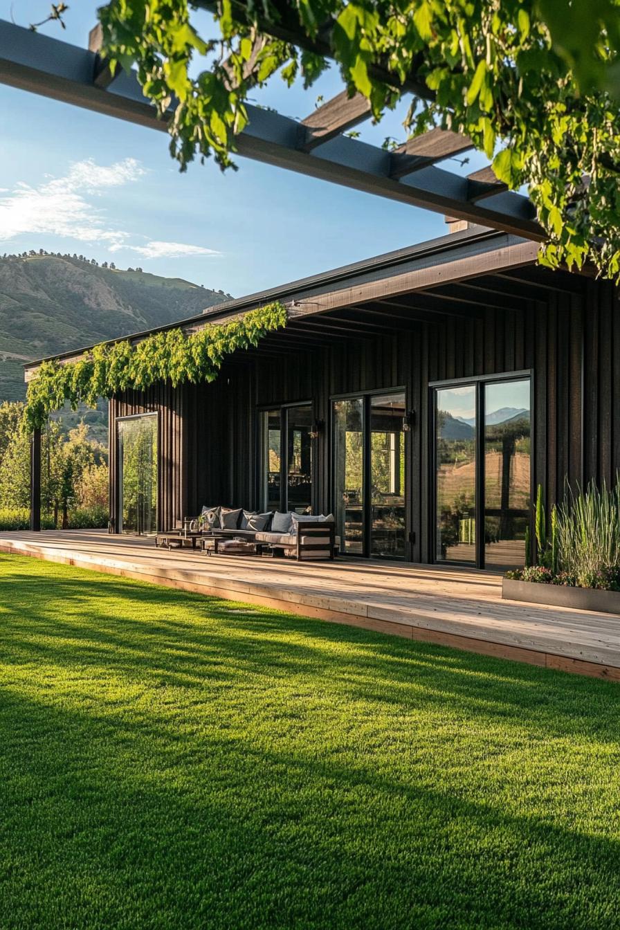 Modern long house with mountain view and wooden deck