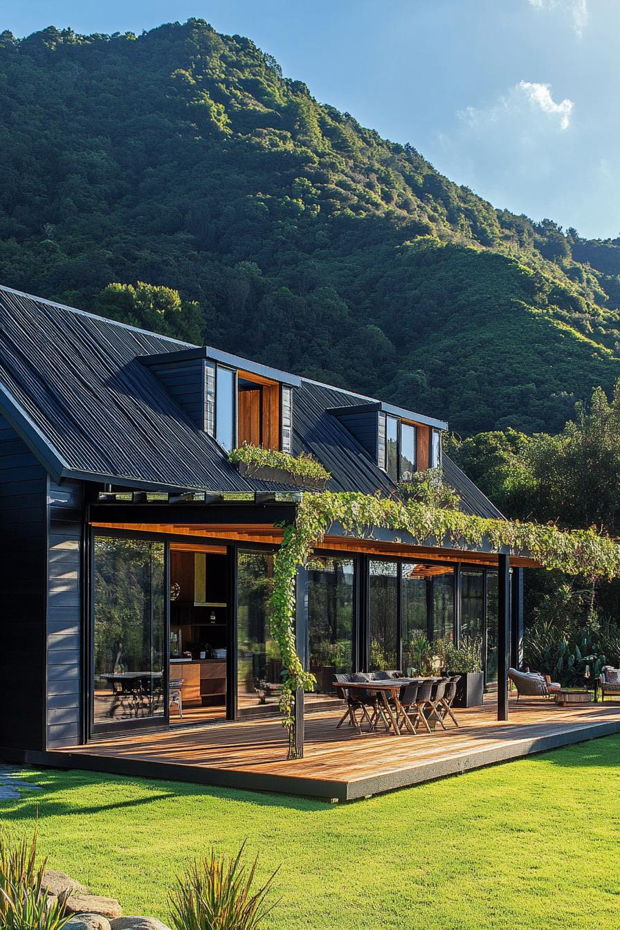 Modern long house with greenery on its deck