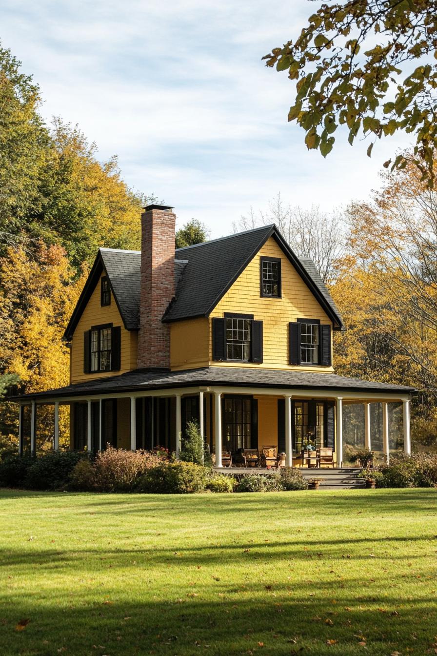 Yellow house with wraparound porch set in a lush landscape