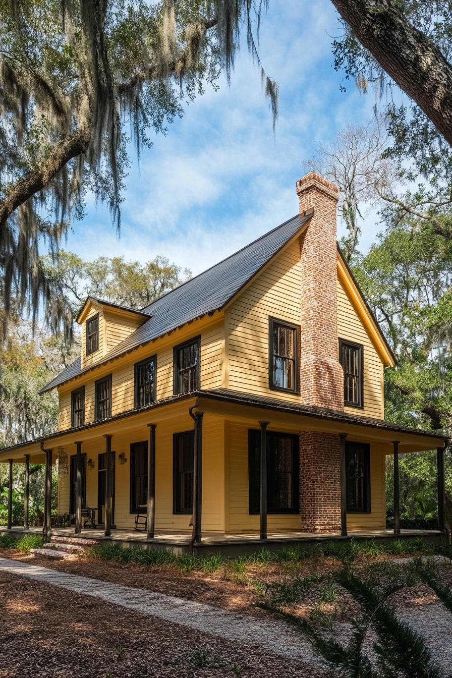 Yellow wooden house with wide porch and tall chimney, nestled among trees