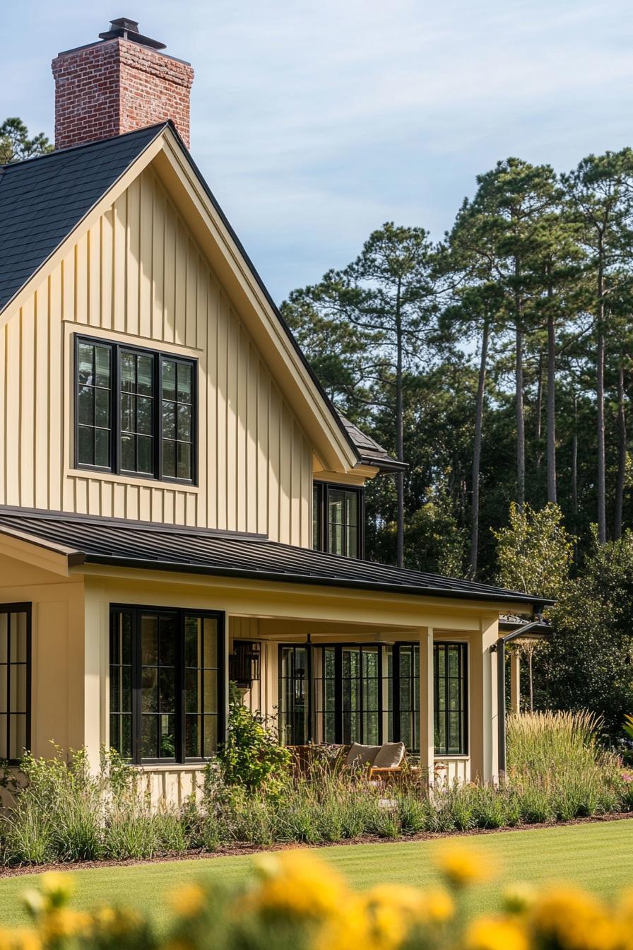 Yellow house with large windows and a brick chimney, surrounded by greenery