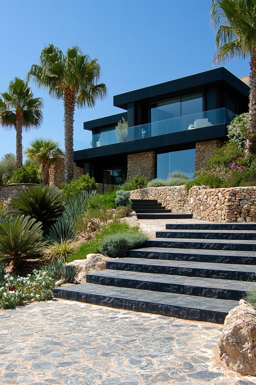 Luxurious modern home with stone elements and palm trees