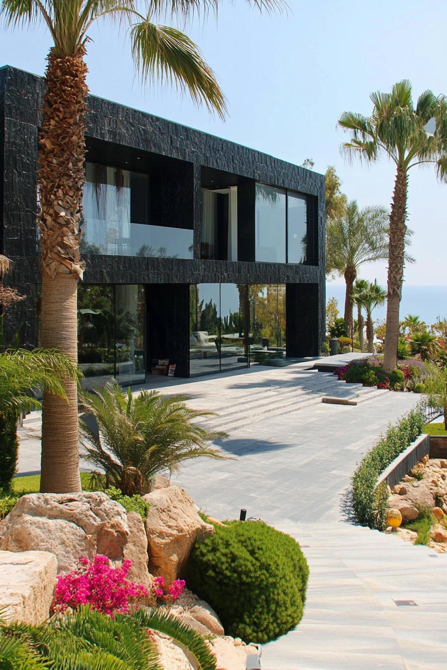 Modern luxury house with palm trees and stone pathway