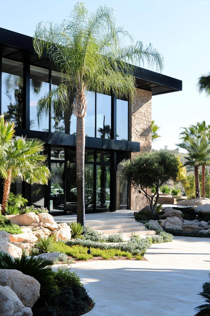 Sleek glass house with palm trees