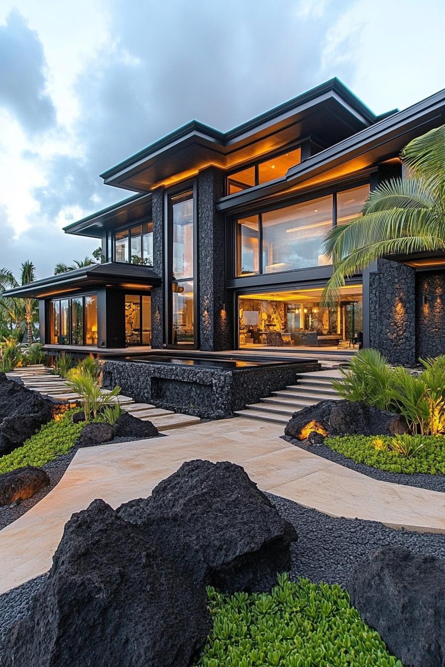 Modern luxury home with large windows and tropical landscaping