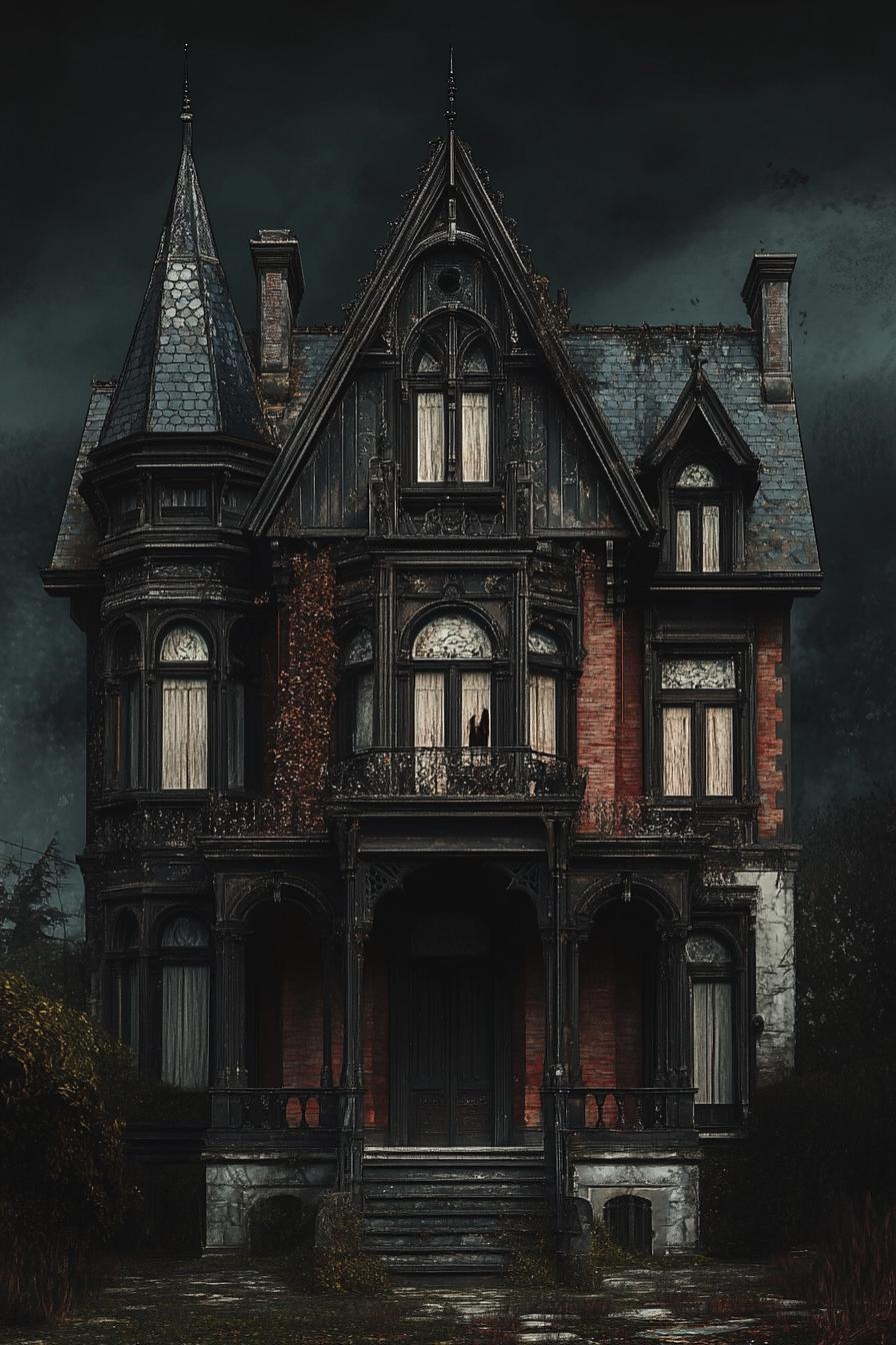 Gothic house with pointed tower against dark sky