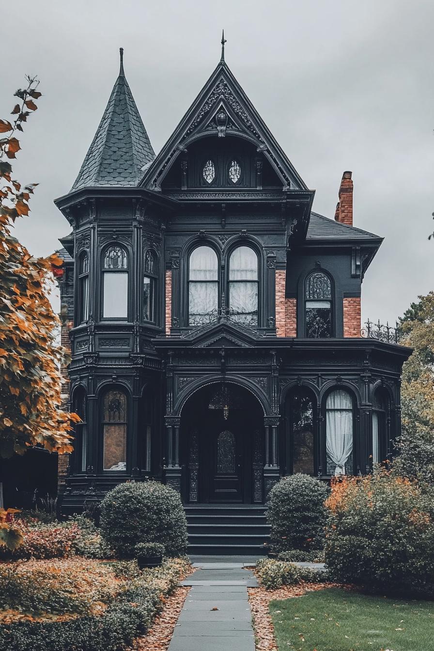 Black gothic house with a pointed roof surrounded by autumn leaves