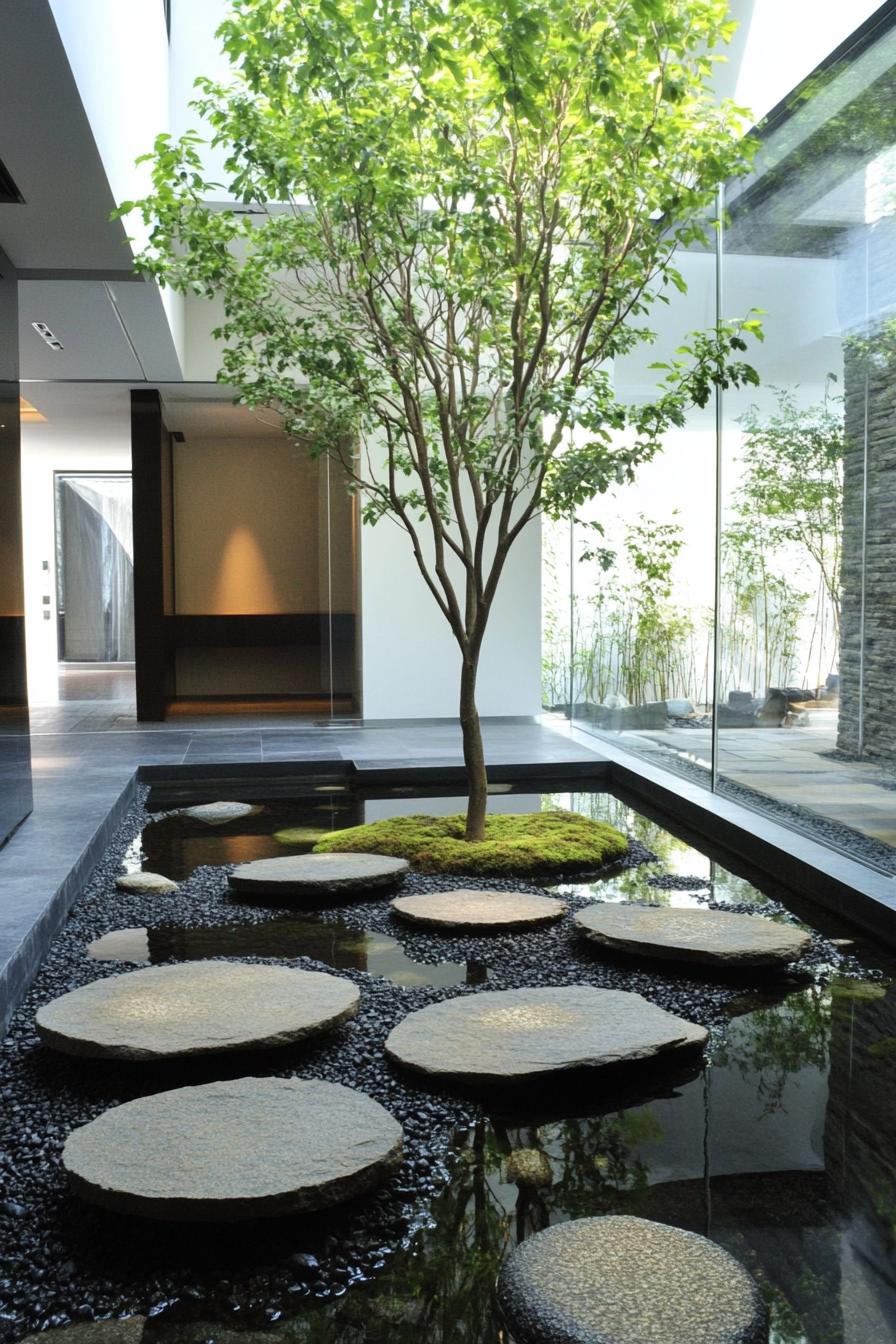 Modern interior with stepping stones and tree in water feature